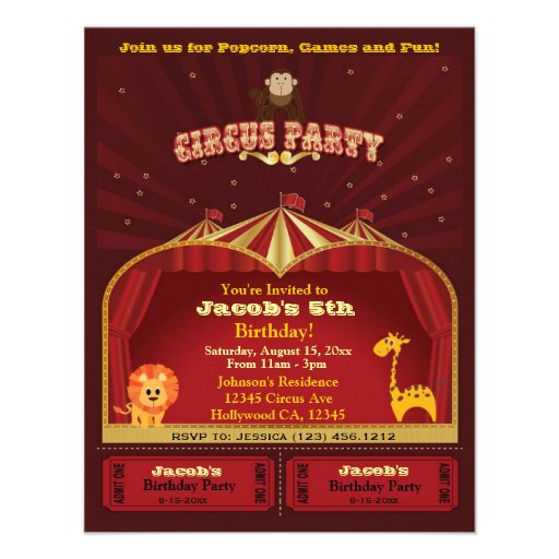 Cute Kid's Circus Tickets Birthday Party Custom Invites