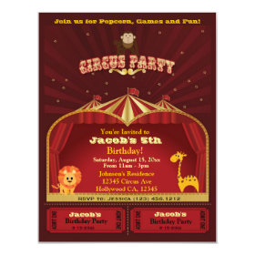 Cute Kid's Circus Tickets Birthday Party 4.25x5.5 Paper Invitation Card