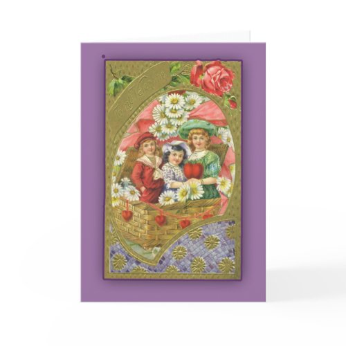 Cute Kids in a Basket Victorian Valentine card