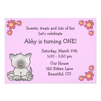 Cute Kitten 1st Birthday Invitation for Girls