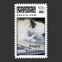 Cute Kitten Asleep Happy Birthday Stamp stamps