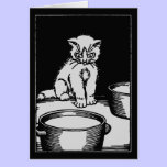 Cute kitten with milk bowl, black and white cards