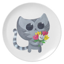 Cute Kitty Cat and flowers Dinner Plates