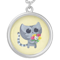 artsprojekt, cat, kitten, kitty, cute, kawaii, kawaii cat, cute cat, kawaii kitten, illustration cat, cute kitten, tulip, flower, flowers, cute flowers, cat and flowers, Necklace with custom graphic design