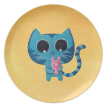 Cute Kitty Cat and Pig Dinner Plate