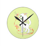Cute Kitty Cat Looking Up at Butterfly, Green Round Clocks