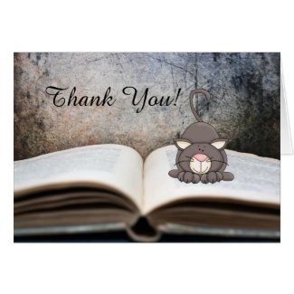 Cute Kitty Cat on Book Thank You Card Greeting Card