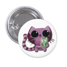 Cute Kitty Cat with Little Green Monster Pinback Button