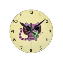 Cute Kitty Cat with Little Green Monster wall clocks
