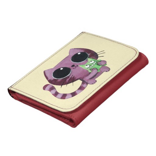 Cute Kitty Cat with Little Green Monster Leather Trifold Wallet Zazzle