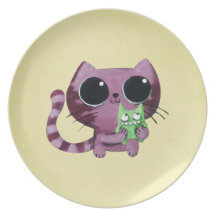 Cute Kitty Cat with Little Green Monster Plates