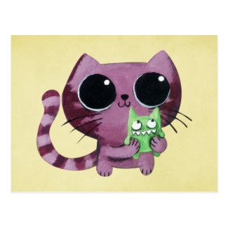 Cute Kitty Cat with Little Green Monster Post Card