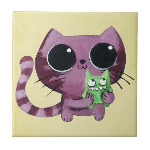 Cute Kitty Cat with Little Green Monster Ceramic Tiles