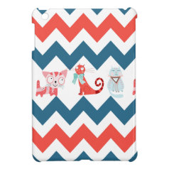 Cute Kitty Cats Blue Coral Chevron Stripes Pattern iPad Mini Cover
