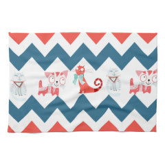 Cute Kitty Cats Blue Coral Chevron Stripes Pattern Kitchen Towels