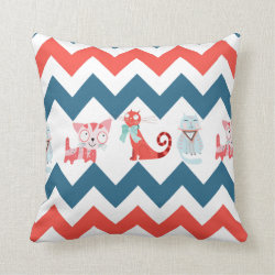 Cute Kitty Cats Blue Coral Chevron Stripes Pattern Pillow