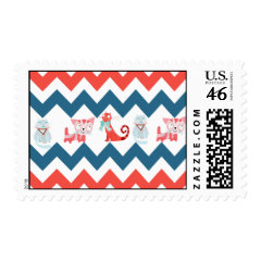 Cute Kitty Cats Blue Coral Chevron Stripes Pattern Postage Stamps