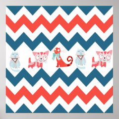 Cute Kitty Cats Blue Coral Chevron Stripes Pattern Print
