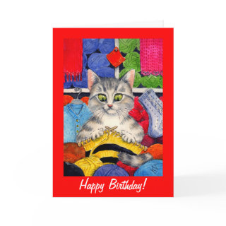 Cute knitting cat birthday or any occasion card