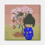 Cute kokeshi Doll with cherry blossom tree Fridge Magnets