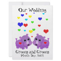 Cute Lavender Rhino Heart Two Grooms Gay Wedding Personalised Invitation