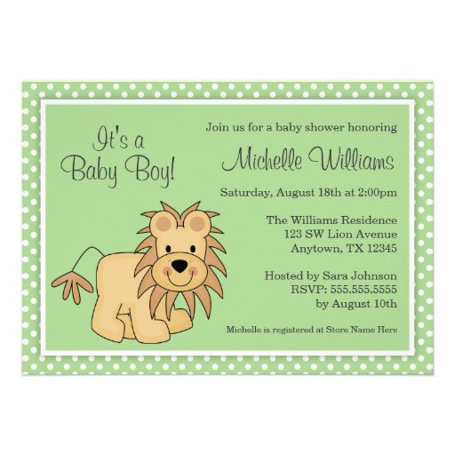 Cute Lion Green Polka Dots Baby Shower Custom Announcements