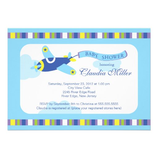 Cute Little Blue Airplane Boy Baby Shower Announcement