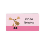 Cute little cartoon moose - pink name label/tag