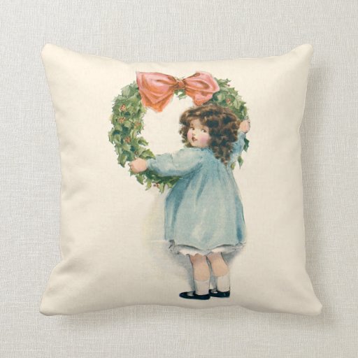 Cute Little Girl Holly Wreath Pink Bow Throw Pillow Zazzle