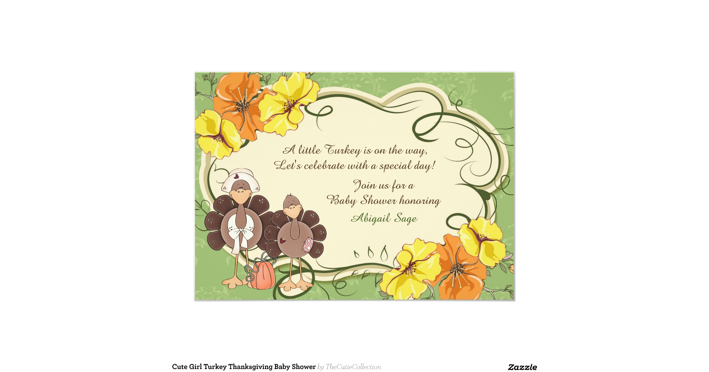 Cute Little Girl Turkey Thanksgiving Baby Shower 5x7 Paper ...