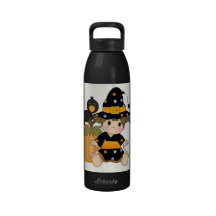 Cute little Halloween witch, black orange dress Reusable Water Bottles