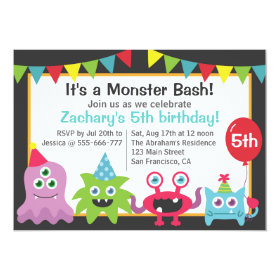 Cute Little Monster Birthday Party Bash for Kids 5x7 Paper Invitation Card