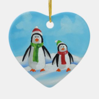 Cute little penguins with scarves Double-Sided heart ceramic christmas ornament
