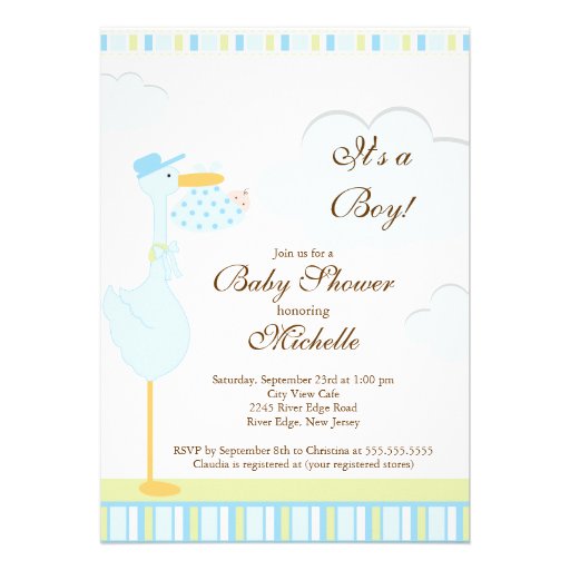 Cute Little Stork Boy Baby Shower Invitation