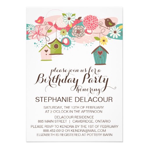 Cute Love Birds & Bird Houses Birthday Invitation
