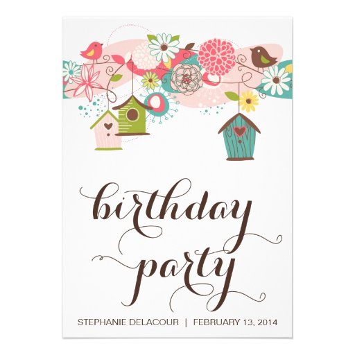 Cute Love Birds & Bird Houses Birthday Invitation