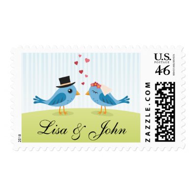 Cute love birds bride and groom postage stamps