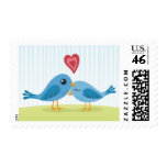 Cute love birds with heart postage stamps