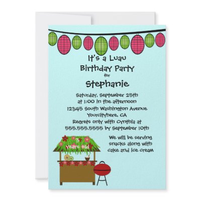 this 5x7 birthday party invitation is luau party designed there are pink and green lanterns hanging
