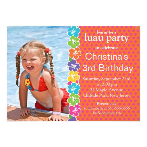 Cute  Luau Little Girl  Birthday Party Invitations