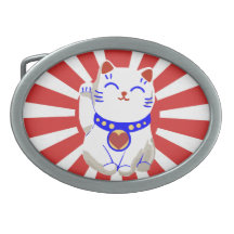 Cute Lucky cute neko cat Red and white Oval Belt Buckle
