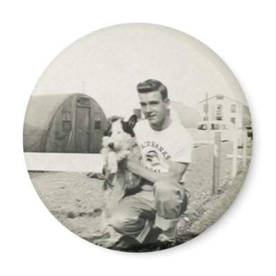 cute man and dog saying hello refrigerator magnet by amazingvintage