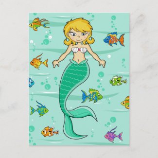Cute Mermaid & Tropical Fish postcard