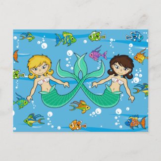Cute Mermaids with Tropical Fish postcard