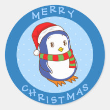 Cute Merry Christmas Cartoon Santa Penguin Round Sticker