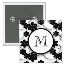 Cute Mod Black Flowers Pattern, Your Initial Pinback Buttons