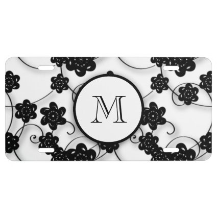 Cute Mod Black Flowers Pattern, Your Initial License Plate