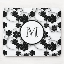 Cute Mod Black Flowers Pattern, Your Initial Mouse Pads