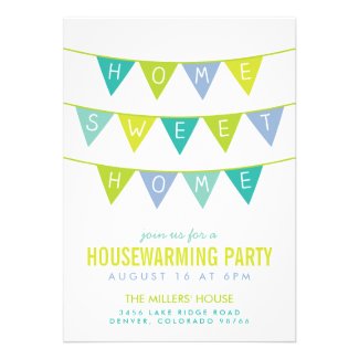 CUTE MODERN BUNTING & STRIPES HOUSEWARMING PARTY INVITATIONS