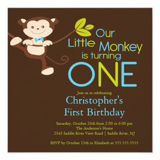 Cute Modern Monkey 1st Birthday Party Invitations (front side)
